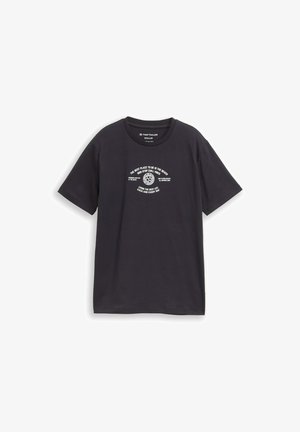 Sort kortærmet T-shirt med hvid cirkulær grafik og tekst om strandstemning og at leve det bedste liv foran i midten.
