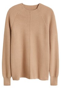 Maglione a maglia beige con scollo rotondo a coste, maniche raglan e vestibilità leggermente oversized. Texture liscia con cuciture minime.