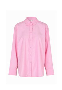Camicia rosa a maniche lunghe con colletto, dal taglio classico, texture liscia e chiusura con bottoni frontali.