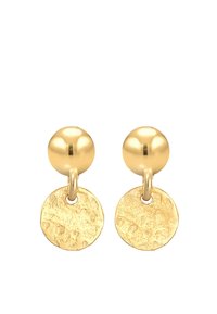 Boucles d'oreilles en ton doré avec une tige de boule ronde et un pendentif circulaire texturé suspendu en dessous. Fini lisse avec un léger éclat métallique.