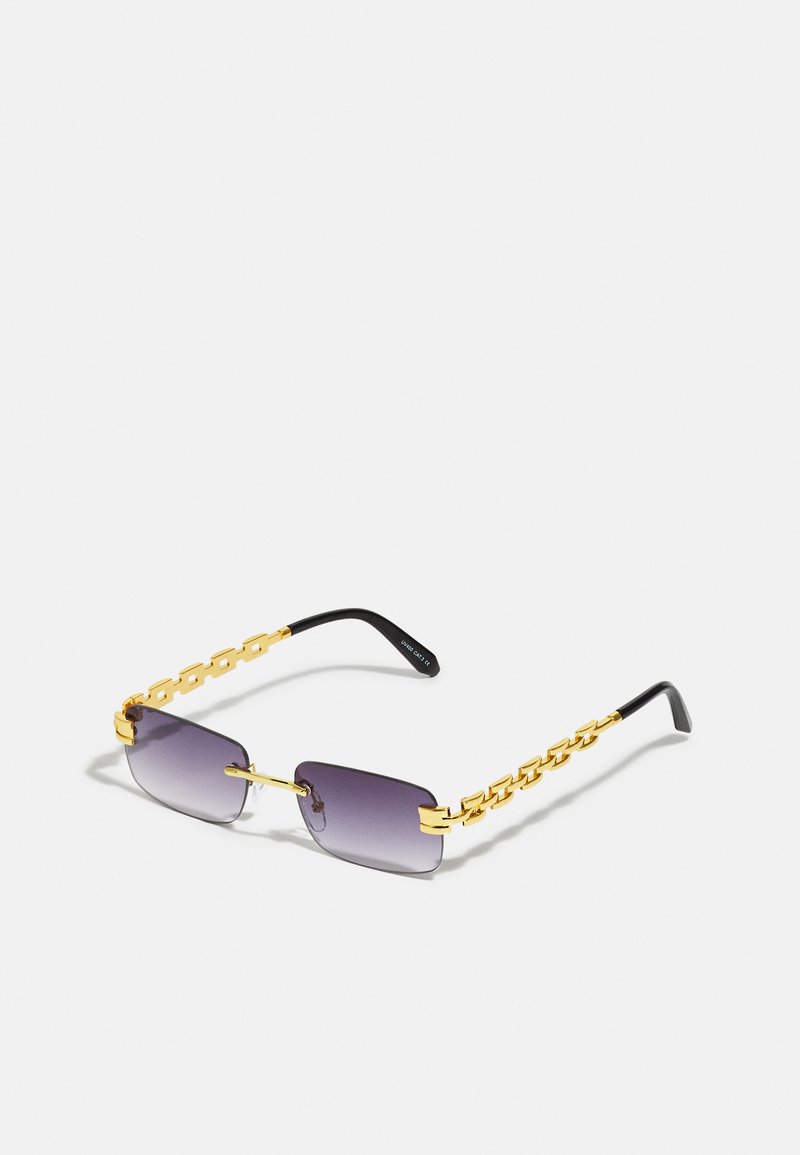 Sunglasses with dark purple gradient lenses, rectangular frames, gold chain-link arms, and black plastic tips.