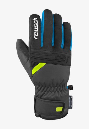 Gant de winter noir avec des accents bleus et une touche de vert. Présente une surface texturée, un poignet élastique et une étiquette étanche.