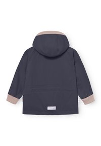 Temno modra otroška jakna z kapuco in bež rebrastimi manšetami ter obrobo kape, prikazana od zadaj na belem ozadju.