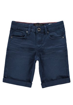 Shorts en coton bleu foncé avec un ourlet roulé, dotés de deux poches avant et d'une fermeture à bouton classique. Texture lisse avec un minimum de détails.
