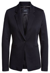 Blazer navy con motivo a scacchi, chiusura con un solo bottone, revers classici e due tasche frontali; texture liscia e vestibilità sartoriale.