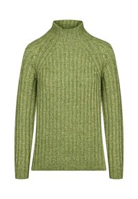 Grüner, gerippter Rollkragenpullover mit strukturiertem Stoff, der ein figurbetontes Design und lange Ärmel für eine enge Passform bietet.