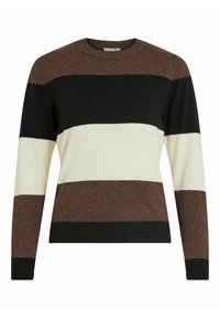 Stickad tröja med långa ärmar som har horisontella ränder i brunt, svart och krämfärgat. Rund halsringning och ribbade muddarna och fållen.