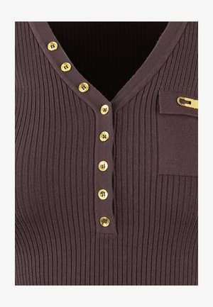Top a coste marrone scuro con scollatura a V, caratterizzato da bottoni dorati lungo la parte anteriore e una piccola tasca con un accento dorato.