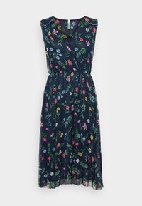 Floral wrap dress featuring a navy background, short sleeves, a fitted waist, and a flowy, knee-length skirt with multicolored flower patterns.