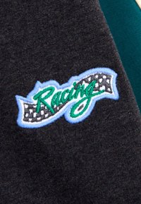 Besticktes "Racing"-Logo in Grün und Schwarz auf dunkelstofflichem Hintergrund, mit hellblauen Akzenten und kariertem Muster.