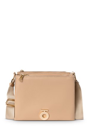 Beige leather crossbody bag with two zippered compartments, gold hardware, and a fabric strap featuring a subtle sheen. Circular logo detail.