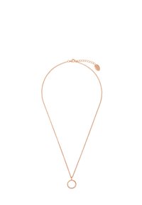 Collana in oro rosa con una catena sottile e un pendente circolare con piccoli cristalli incastonati. Lunghezza regolabile con chiusura a moschettone.