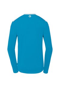 Langærmet skjorte i lys turkis. Har en hvid krave og skulderdetaljer. Glat tekstur med et tætsiddende design.