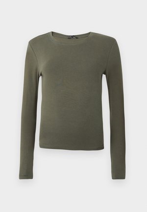 Camisola de manga longa verde-oliva, feita de um tecido suave, com decote redondo e um design ajustado, sem quaisquer padrões ou detalhes.