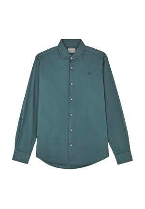 Tyrkysová košile na knoflíky s špičatým límcem, dlouhými rukávy a jemným logem. Vyrobena z hladké látky v jednobarevném provedení a standardním střihu.
