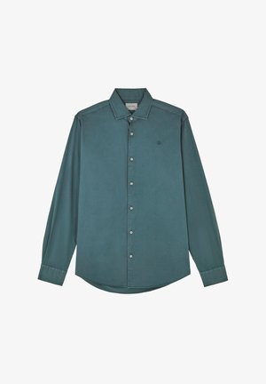 Teal skjorte med knaplukning, spidse krave, lange ærmer og et diskret logo. Fremstillet af glat stof med ensfarvet design og standard pasform.