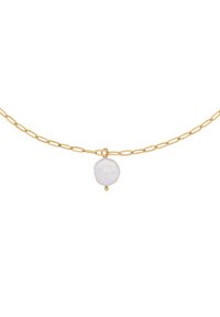 Gouden ketting met een ongelijkmatige witte parelpendant en een kleine gouden accent eronder. De ketting heeft een verlengd schakeldesign.