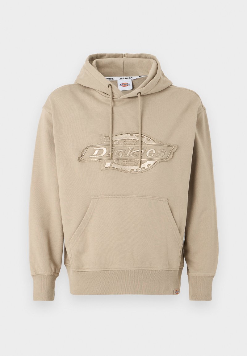 Beige hoodie with a kangaroo pocket, drawstring hood, and embroidered "Dickies" logo on the front. Soft cotton material, ribbed cuffs.
