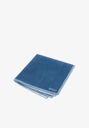 Blaues Leinentaschentuch mit gefaltetem Design, das einen helleren blauen Rand und ein kleines "Boggi"-Logo in der Ecke aufweist.