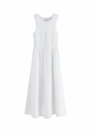 Ärmelloses weißes Midikleid mit strukturiertem, gerafftem Oberteil und fließendem Rock, entworfen für lässige Sommermode.