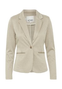 Beige rutigt kavaj med smal passform, slagkrage, enkel knappstängning och två framfickor. Texturerat tyg ger extra detalj.