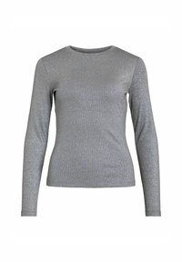 Top a maniche lunghe in tessuto argento scintillante con una forma aderente e design a girocollo, caratterizzato da una superficie testurizzata e a coste.