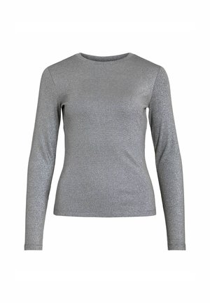 Top a maniche lunghe in tessuto argento scintillante con una forma aderente e design a girocollo, caratterizzato da una superficie testurizzata e a coste.