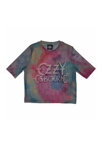 Short-sleeve tie-dye t-shirt featuring a multicolored swirl pattern in pink, blue, and yellow with the text "OZZY OSBOURNE" in bold white.