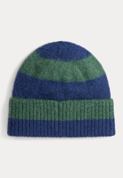 Gorro de malha com punho canelado, apresentando riscas alternadas em azul-escuro e verde. Feito de lã macia, possui um acabamento texturizado.