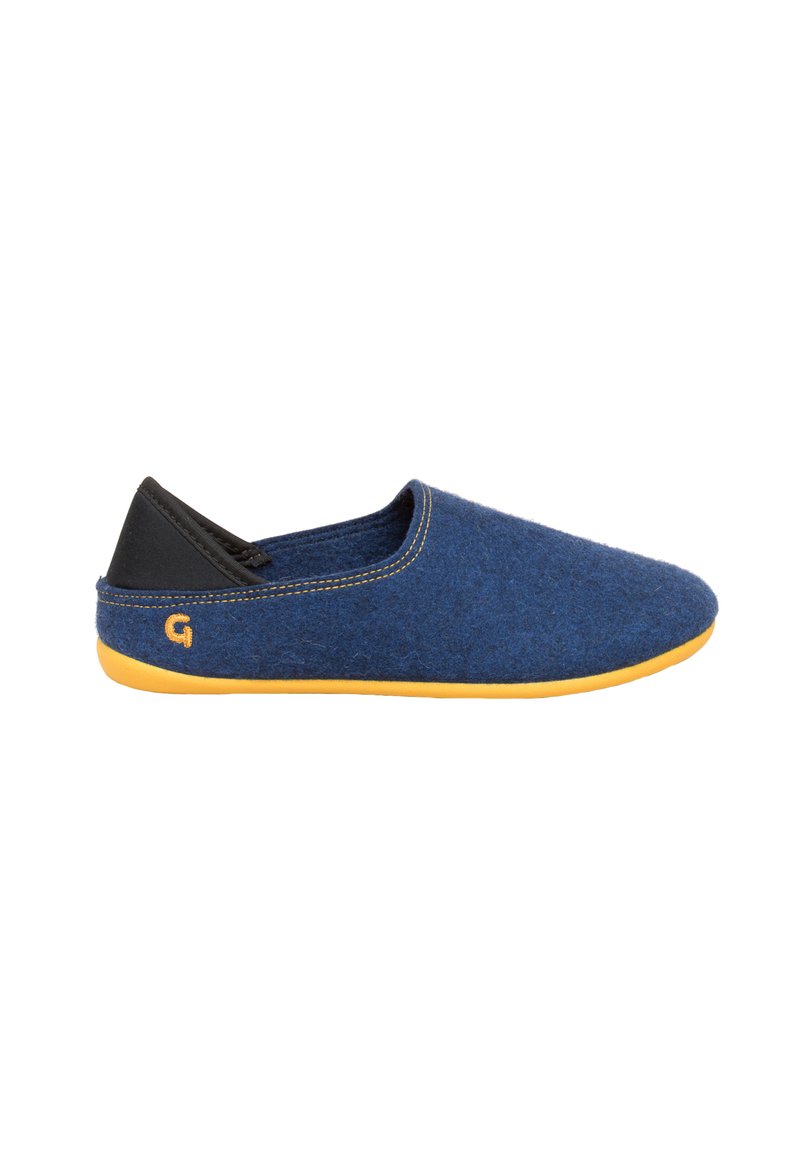 Navy blue felt slipper with black textile accents and a yellow rubber sole. Features a rounded toe and minimal stitching along the seams.