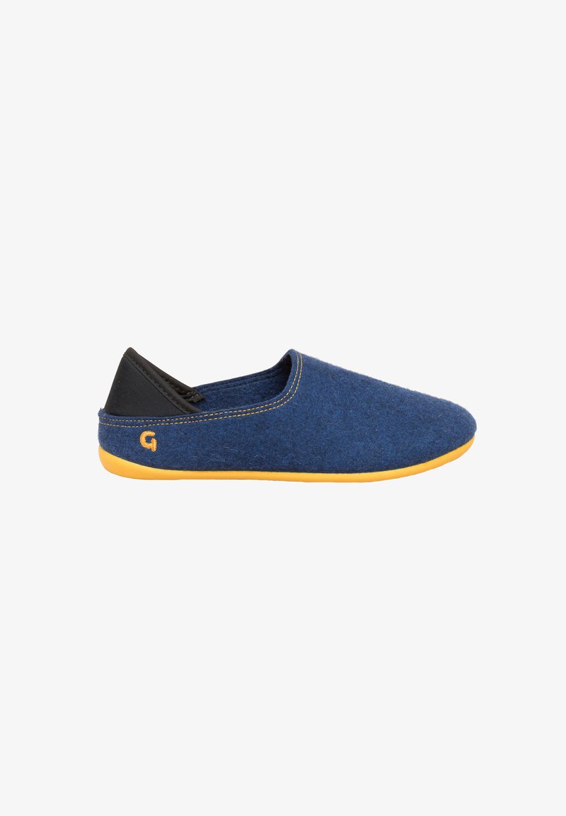 Navy blue felt slipper with black textile accents and a yellow rubber sole. Features a rounded toe and minimal stitching along the seams.