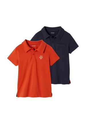 Two short-sleeve polo shirts for boys, one orange with "I'm a cool boy" text, one navy with chest pocket, both with collars and buttons.