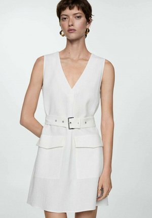 White sleeveless dress with a V-neck, belted waist, and two front pockets. Features a textured fabric and a relaxed silhouette.