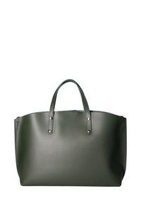 Sac fourre-tout vert structuré en matériau synthétique lisse, doté de deux poignées et d'accents métalliques. Design simple sans motifs visibles.