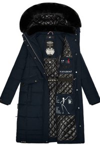 Navy puffer coat with faux fur hood, quilted interior, multiple pockets, and a side zipper. Features a logo label and care instructions inside.