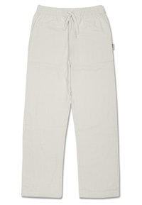 Light gray, relaxed-fit pants made from textured fabric with an elastic waistband and adjustable drawstring; features side pockets.