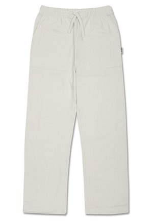 Pantalons gris clair, coupe décontractée, en tissu texturé avec une taille élastique et un cordon de serrage réglable ; comporte des poches latérales.