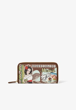 Portefeuille marron à fermeture éclair présentant une femme avec une fleur rouge, un cactus, des dés, un emblème d'aigle, une pyramide et les mots "Braccialini Mexico".