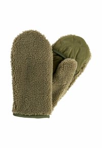 Olivgrüne Handschuhe mit einer flauschigen, strukturierten Außenschicht und einem gesteppten Innenfutter. Die Bündchen sind mit einem passenden Stoff versehen.