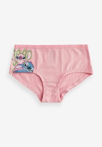 Shorty en coton rose avec un imprimé de dessin animé de Stitch et Lilo sur le côté gauche, au toucher lisse et à taille élastique.
