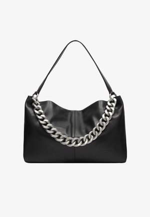 Black leather shoulder bag with wide silver chain detail and slim black strap, simple design, smooth texture.