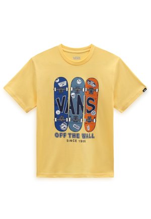 T-shirt jaune à manches courtes avec trois skateboards colorés formant "VANS" et texte "OFF THE WALL SINCE 1966" en dessous.