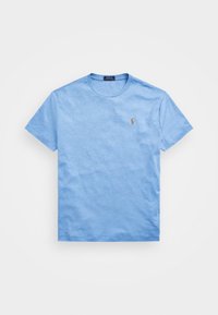 Vaaleansininen lyhythihainen puuvillainen t-paita pyöreällä pääntiellä, jossa pienikokoinen monivärinen logo vasemmassa rinnassa. Pehmeä rakenne, rento malli.