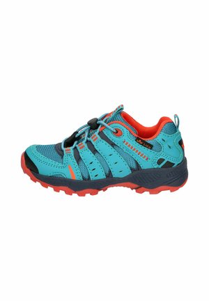 Children's blue and orange athletic shoe with black accents, mesh upper, rugged sole, and elastic bungee laces with toggle closure.