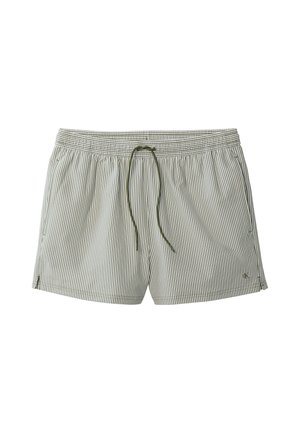 Light gray and white vertical striped shorts with elastic waistband and green drawstring, featuring side pockets and small logo near hem.