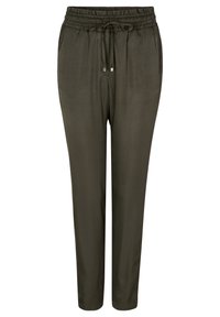 Lehké kalhoty olivově zelené barvy s elastickým pasem a nastavitelným stahovacím šňůrkem. Úzký střih nohavic s hladkou texturou.