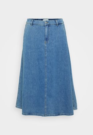 Blue denim A-line skirt with a waistband, front button closure, and stitched seams. Material displays a standard denim texture.