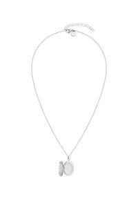Zilveren locket ketting met een fijne schakel, voorzien van een ovale hanger die open kan. Minimalistisch ontwerp met een glanzende afwerking en verstelbare lengte.