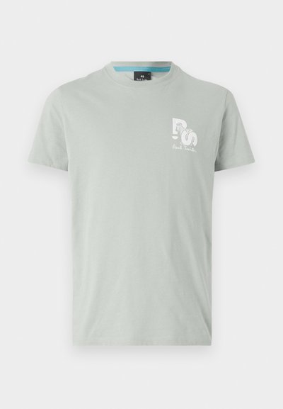 Light green cotton t-shirt with a crew neckline, short sleeves, and a small white graphic on the left chest featuring stylized animals.