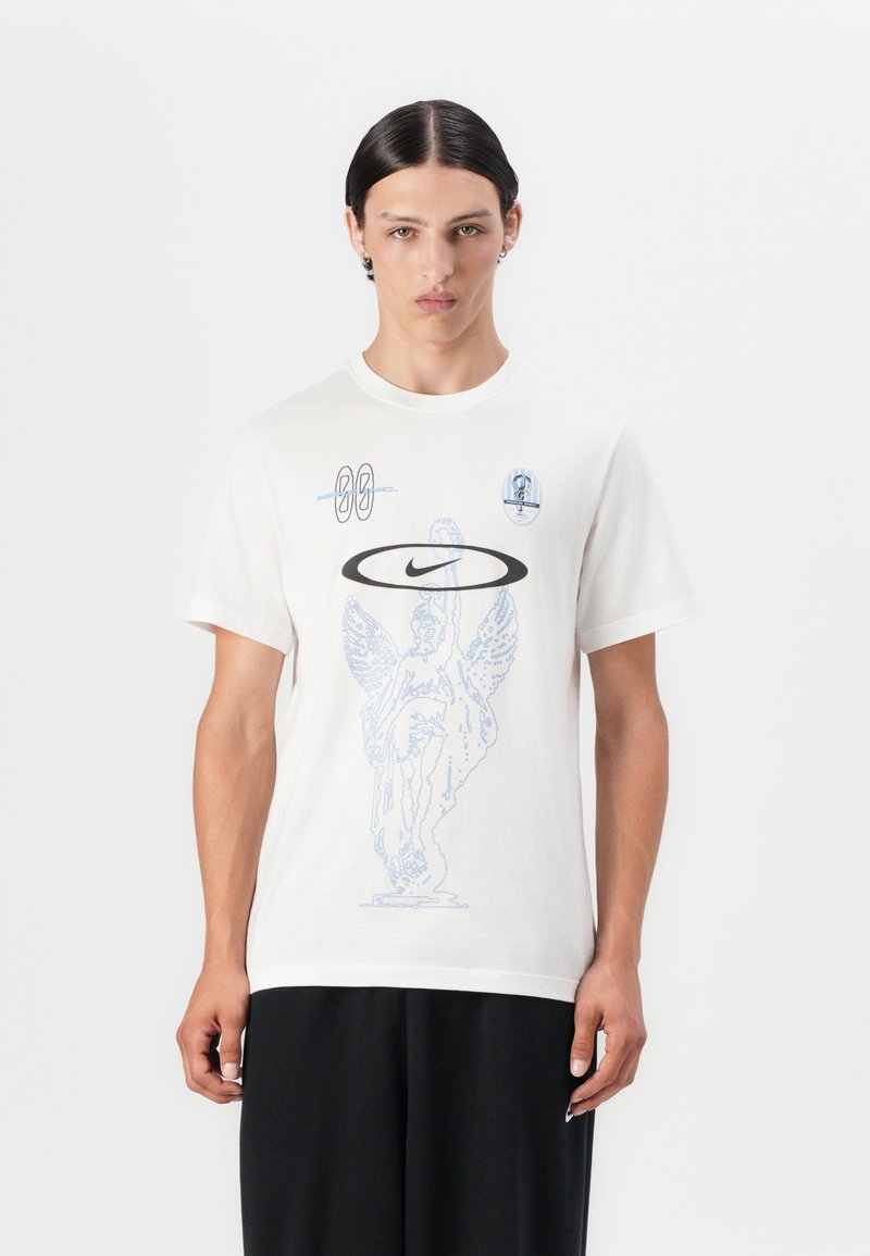 White cotton t-shirt featuring a blue graphic of an angel statue, Nike logo in black, and additional blue details on the chest area.